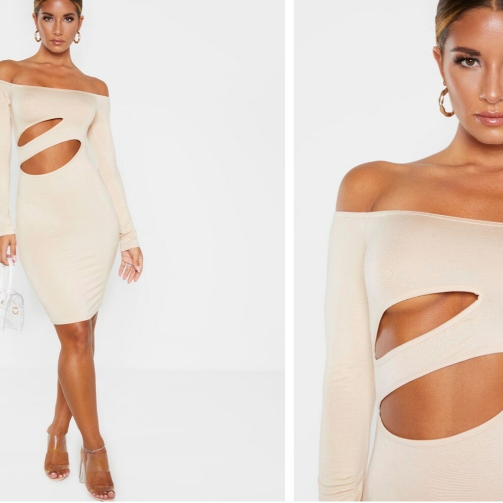 Stone Bardot Asymmetric Cut Out Bodycon Dress